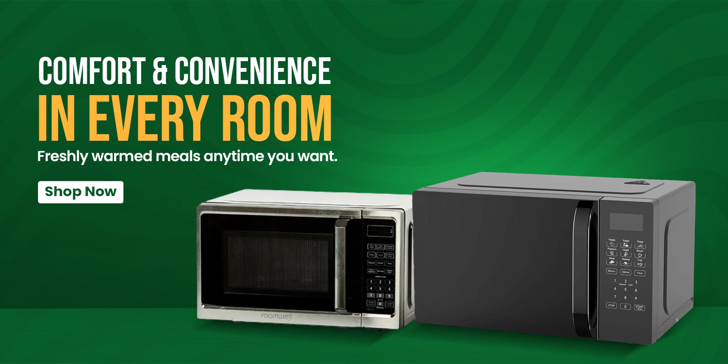 Hotel room microwaves displayed with tagline comfort and convenience in every room, offering freshly warmed meals anytime for guests.